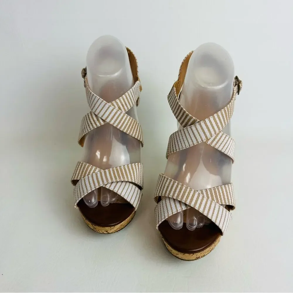 Chinese Laundry Women's Striped Strappy Wedge Sandals Cream Tan‎ Shoes Size 8.5